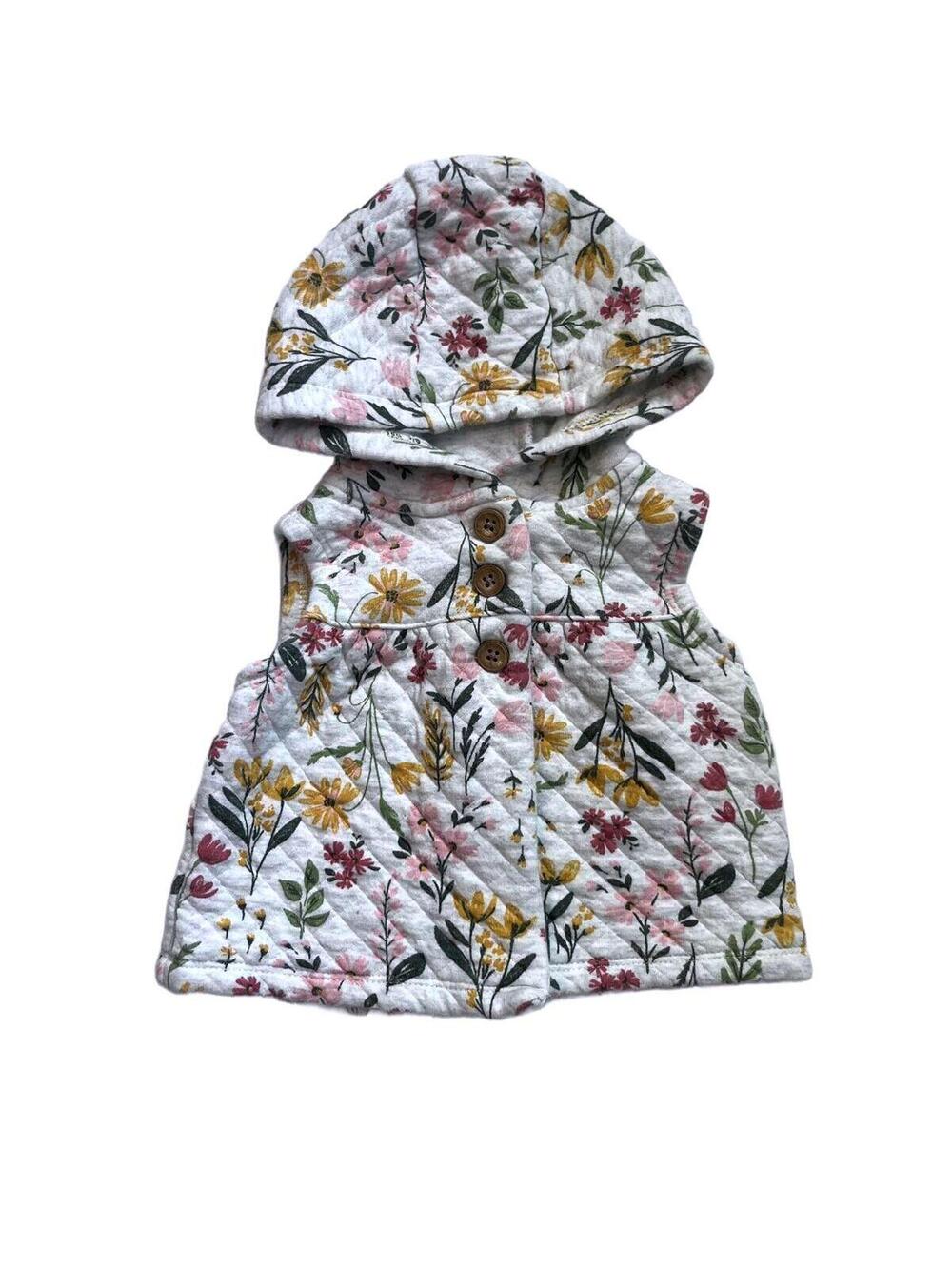 Quilted Floral Hooded Vest 6M Grey Pink Yellow Button Up Cottagecore Goblincore